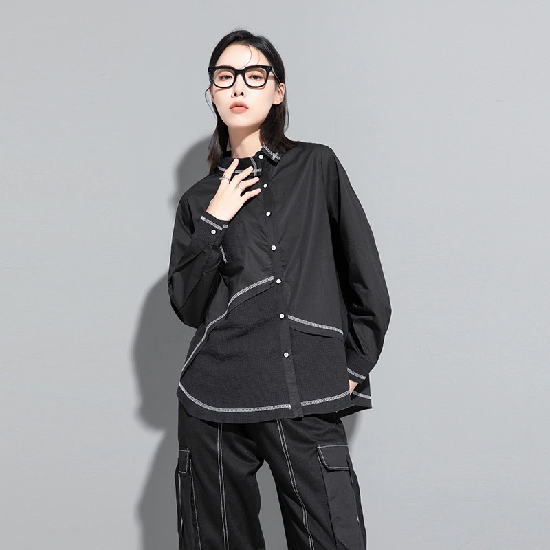 欧米春夏新商品個性街頭風明線襟シャツ小衆デザイン感長袖ブラウス通勤大きいサイズ 上着