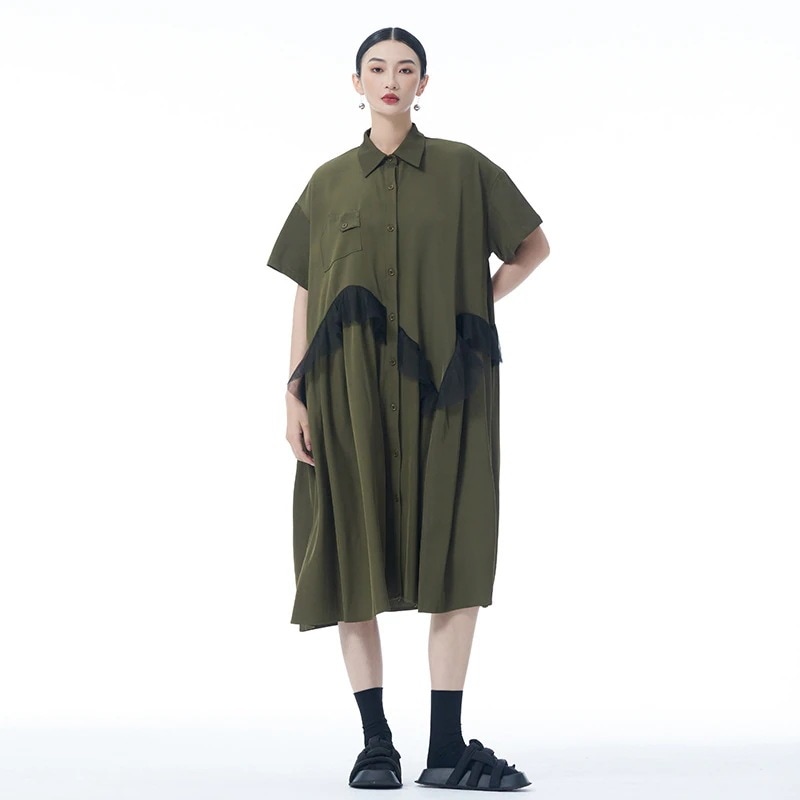 欧米カジュアル切り替えシャツ ワンピース大きいサイズ Aライン ロングワンピース