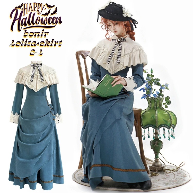 ハロウィン ロリータ服 ヴィクトリアンスタイル ドレス 耐衝撃素材 ブルー バットモチーフ レースフリルたっぷり レディース おすすめハロウィンパーティー コスプレ衣装 ハロウィンコーデ 耐久性高め