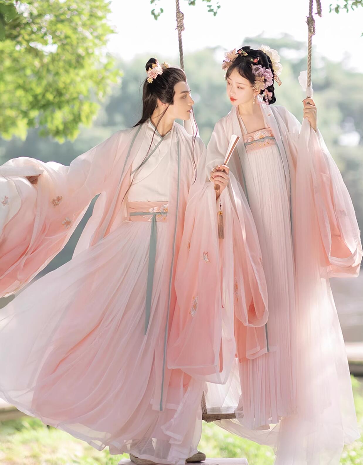 中華コスプレ衣装 メンズ レディース グラデーション ピンク チャイナ服 長袖 振袖 羽織付き豪華3点セット ふんわり 可愛い 中華服 漢服 唐装 大人用 エスニック カップル ペアルック 中華衣裳