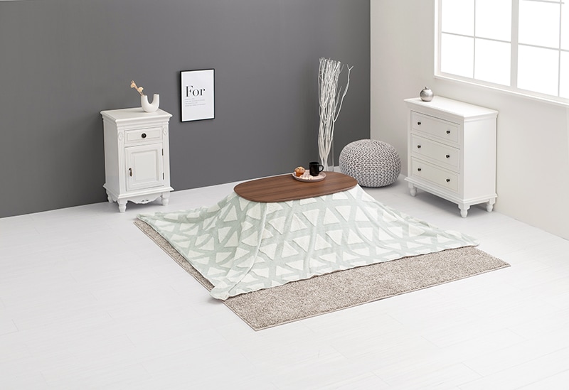 こたつセット こたつ うす掛布団 2点セット ブラウン/グレー（三角） 90x50cm 木目調 楕円 北欧柄 折れ脚テーブル オールシーズン コタツ テーブル