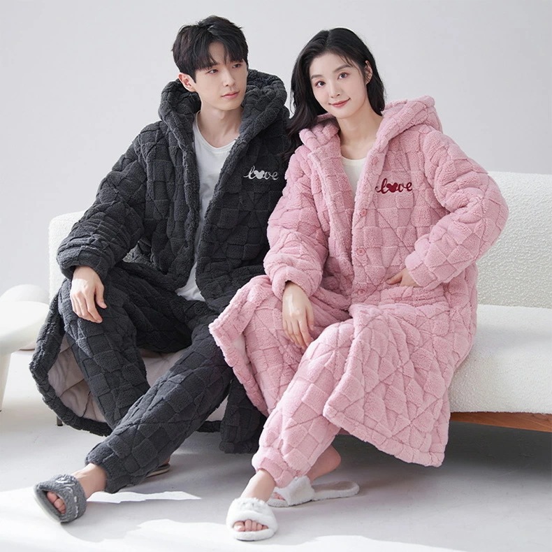 ペア パジャマ レディース メンズ 長袖 冬用 フランネル ガウン ロング丈 前開き ルームウェア もこもこ カップルペアルック ペアルック 上下セット フード付き 厚手 暖かい 大きいサイズ ナイト