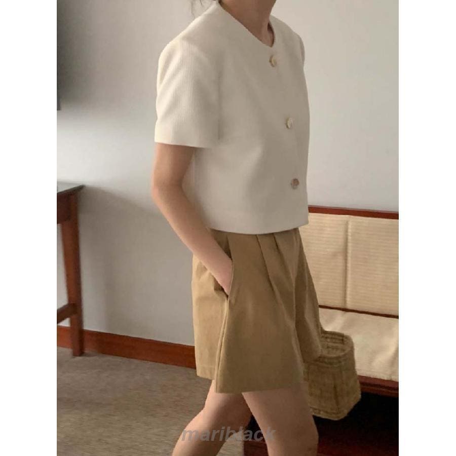 ジャケット 半袖 レディース 夏 秋 ノーカラー コート ショート丈 アウター 羽織り トップス 着回し力 着痩せ 体型カバー シンプル カジュアル おしゃれ 無地