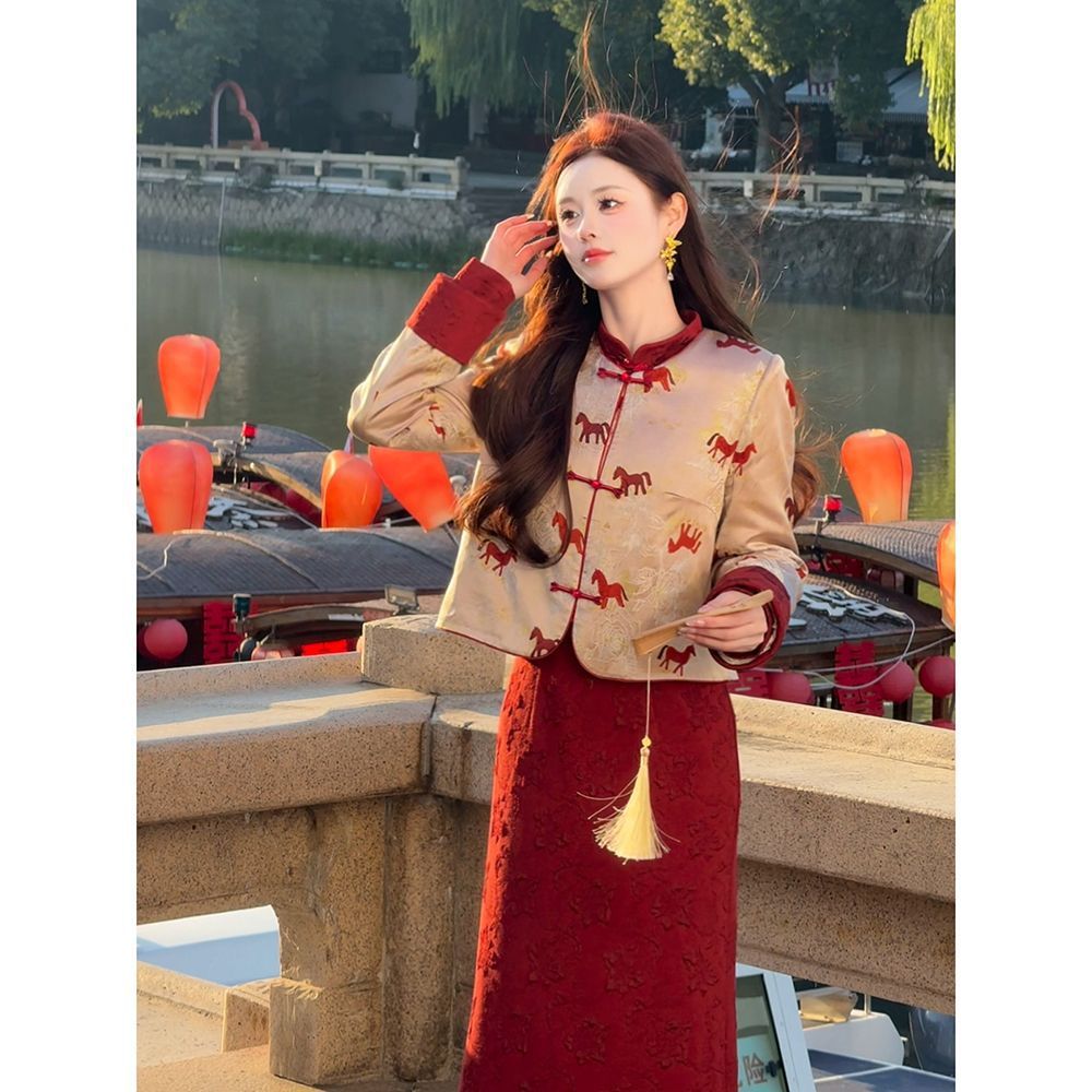 中国の新しい中国風のコントラストスーツ女性の冬の赤いチャイナドレスコート婚約結婚式のスーツスカート