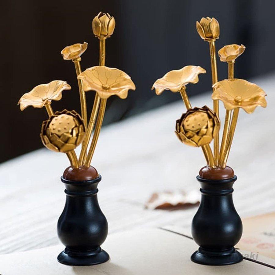 仏具 常花セット 金メッキ蓮仏花 花立付き左右一対 枯れないお供え花 お盆・法事・命日・お彼岸用