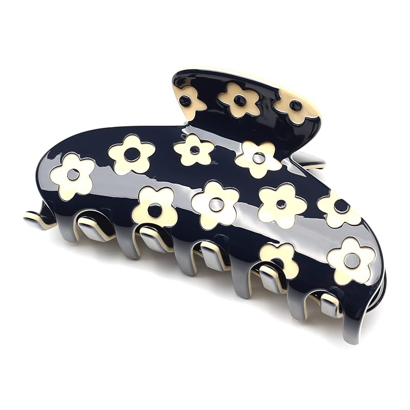 QinGoo 大きめ 花柄 ヘアクリップ 髪留め クリップ バンスクリップ しっかりとまる ヘアアクセサリー 可愛い 大人 韓国 レディース 1本(9*4.5cm, Navy Daisy) 5,917円