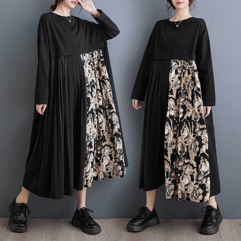 「ファットガール」 2024春 ドッキングワンピース レディース 体型カバー ロングワンピース プリーツ