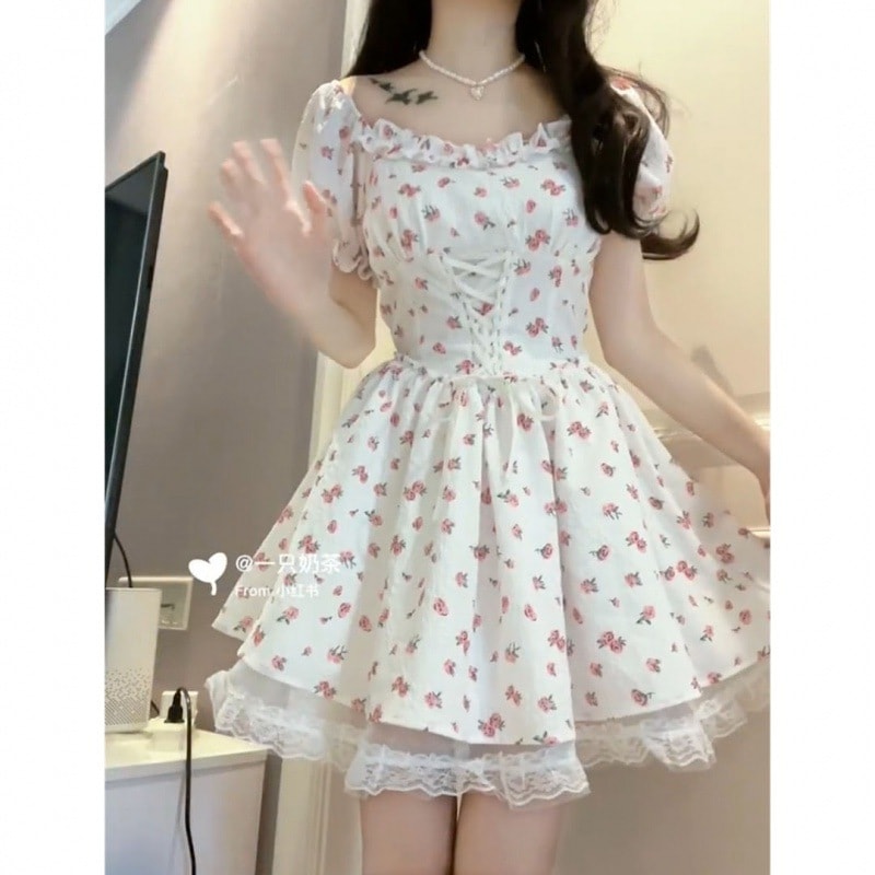 【1つ買うと10つ無料】ファーストラブプラースキャイパースカートピュアウィンドフラワースカートショートバッキングウエストライトロマンチックプリンセススカート