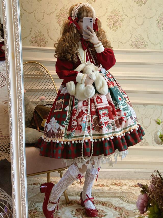 【短納期】甘いロリータOPドレスクリスマスパターン長袖ポリエステルレッドクリスマスロリータワンピースドレス