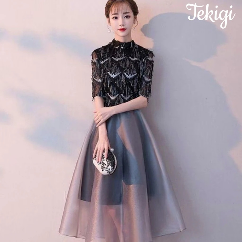 膝丈ドレス謝会Tekigiスパンコールフリンジ切り替えフレアミモレ丈膝下袖ありハイネックエレガント上品203040黒ブラックグレー