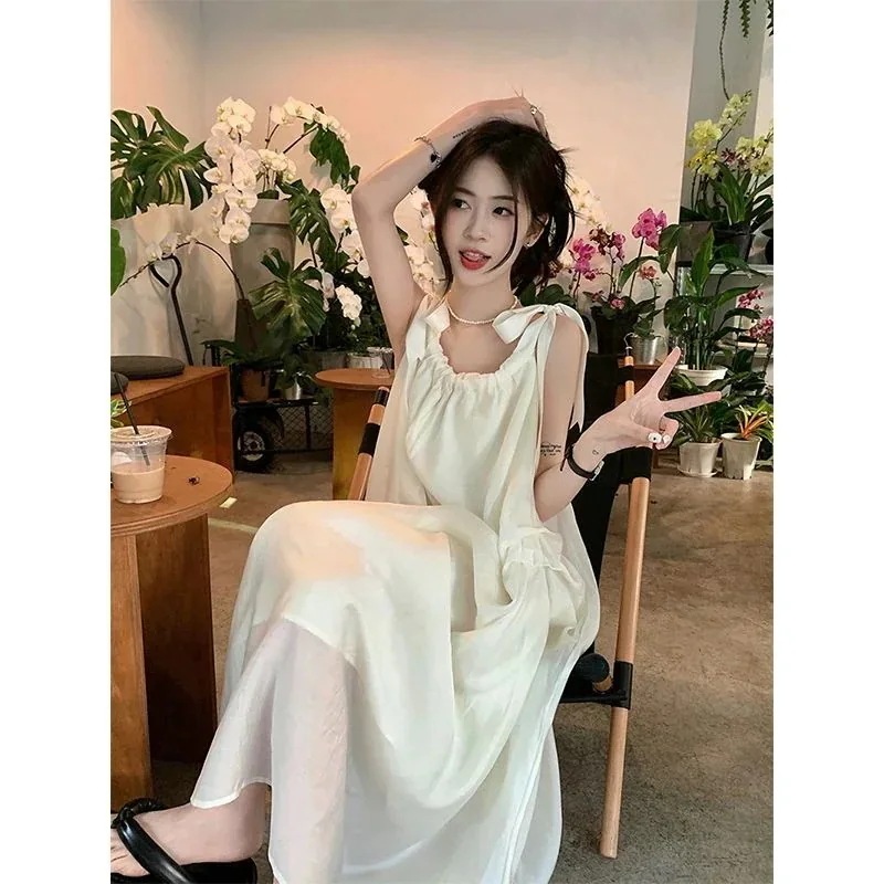 ヘビロテ！キャミワンピース 韓国ファッション ベージュワンピースサマースリムミディアムロングスリングワンピース