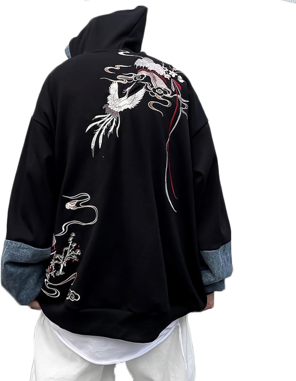 プルオーバー フード付き パーカー スウェットパーカー メンズ 刺繍 鶴 浮世絵柄 男女兼用 秋 長袖 おしゃれ トレーナー 伸縮性 保温防寒 快適 部屋着 普段着 贈り物 ストリート系 ト