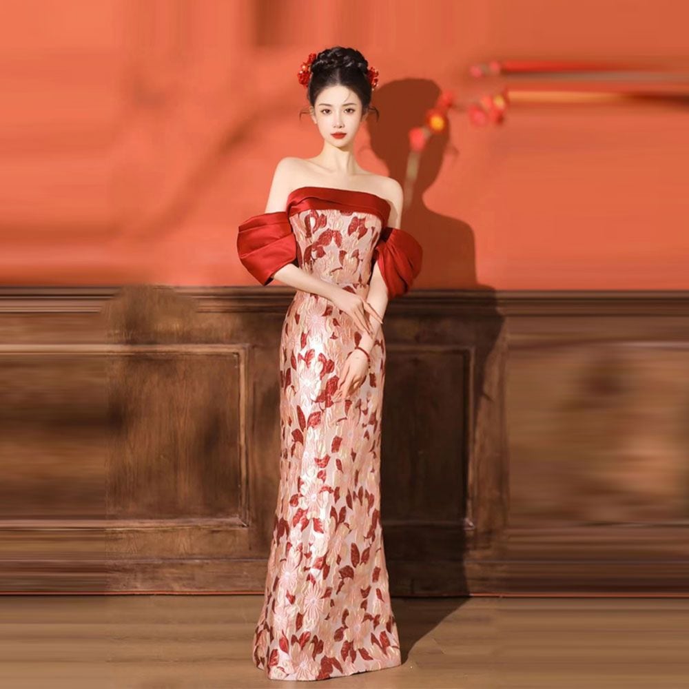 新しいの朝のドレス2025服花嫁の朝のブラウショルダーテールリターンドア服のエンゲージメントドレス 5,268円