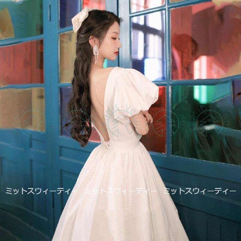 花嫁 ウェディングドレス 白 二次会 Aライン パフスリーブ 海外挙式 パーティードレス 披露宴 ブ