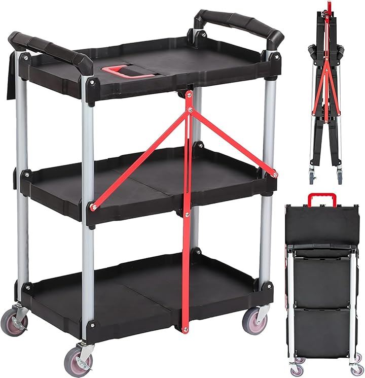 ワゴン キャスター付き 3段 キッチンワゴン 折り畳み式 ツールカート ツールワゴン 自在4輪 2輪ロック可能家庭/オフィス/倉庫用75kg(1, 1)