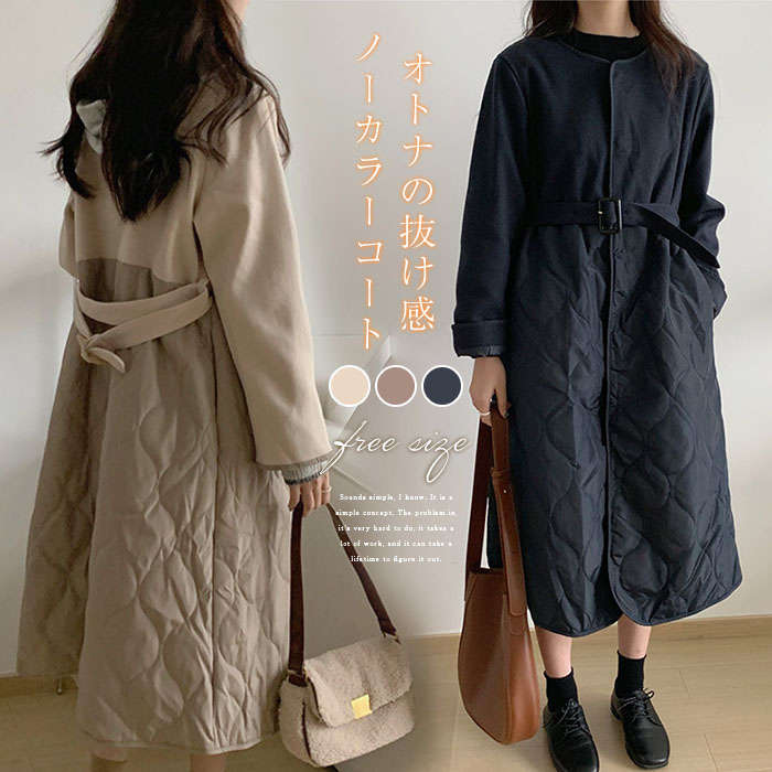 コート レディース 秋 冬 ロング丈 切り替え キルティングコート ノーカラー コート ロングコート あったか 厚手 スエードコート アウター 冬 秋 ビッグシルエット オーバーサイズ 大きいサイズ