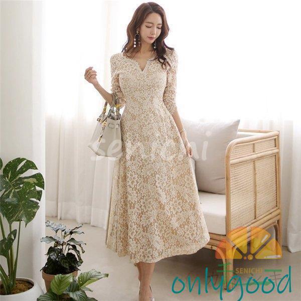 パーティードレス 結婚式 40代 20代 ロング 袖あり 長袖 韓国風 大きい ドレス レー Vネック お呼ばれ 二次会 披露宴 謝恩会 上