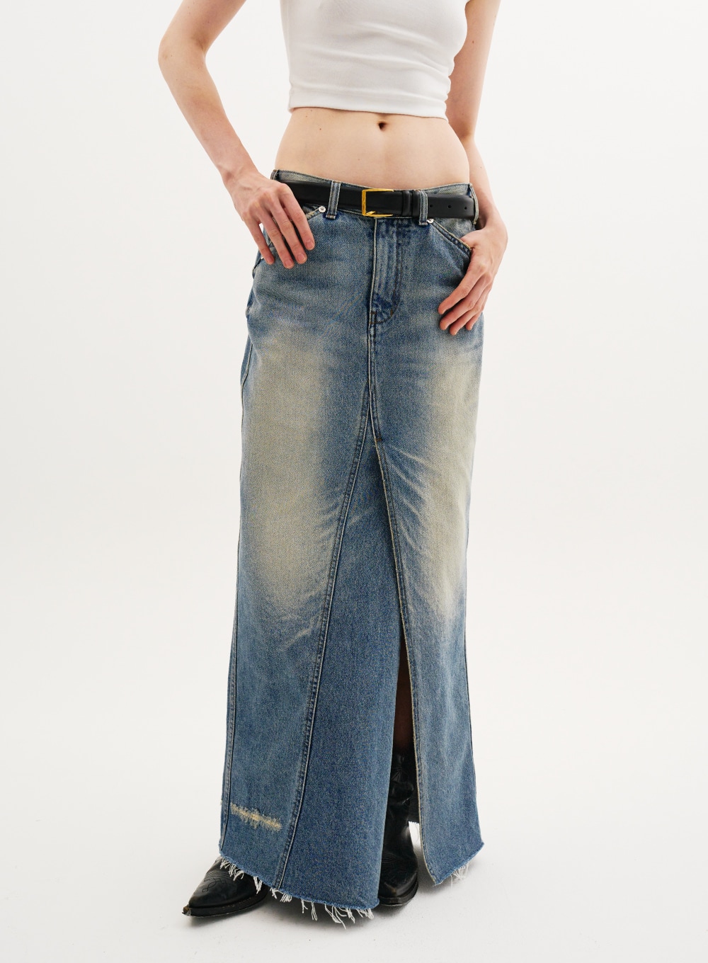 【SATUR】 PORT DENIM MAXI SKIRT : UNION WASHED BLUE