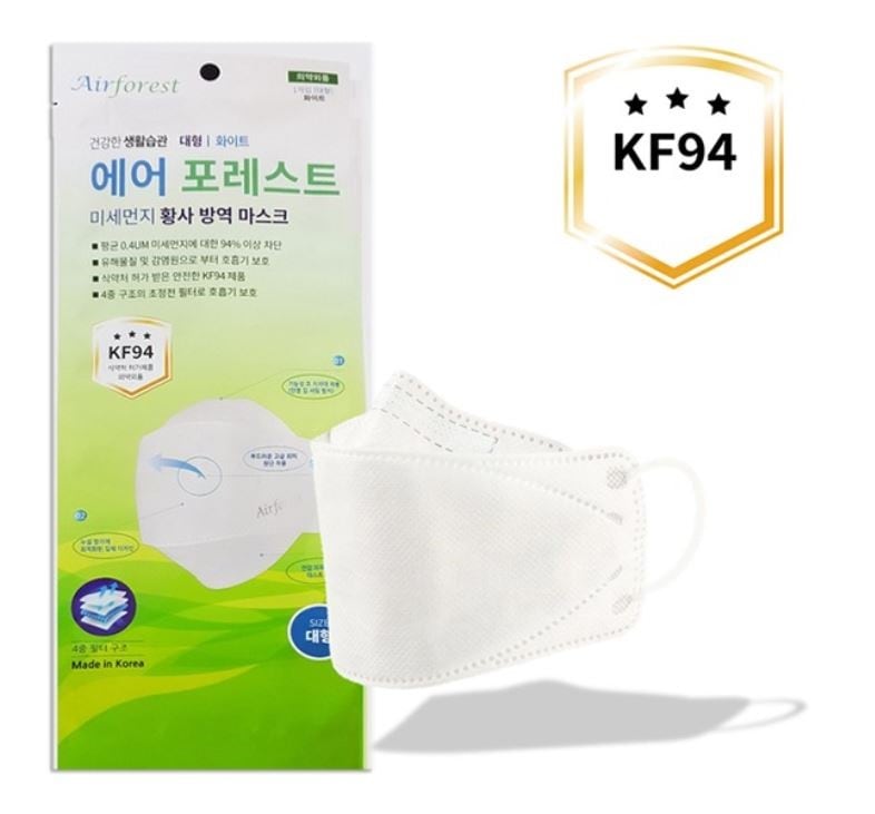 [Air forest] KF94 マスク 1BOX(50枚入り) 個別包装 白色 韓国製 公的マスク使用 4層構造 MB静電フィルタ 立体的デザイン