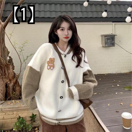 ブルゾン ニット レディース くま 刺繍 かわいい 秋冬 ジャケット アウター ファッション おしゃれ 韓国 白 黒 スタジャン
