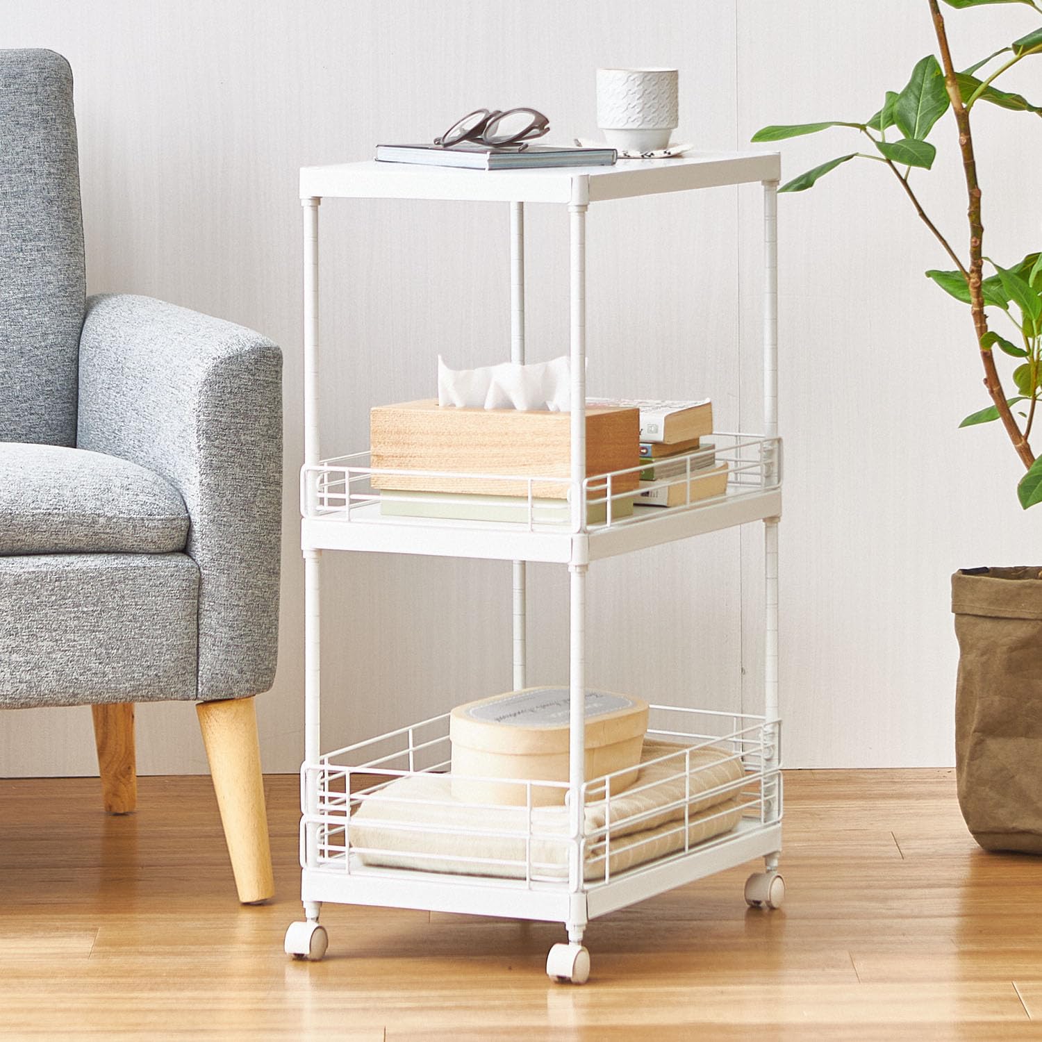 ドウシシャ サイドテーブル キッチンワゴン ランドリーワゴン キャスター付き スリム 白 ホワイト 3段 幅30cm×奥行45cm×高さ74.5cm CPS4530-WH マットな質感 オシャレ 可愛