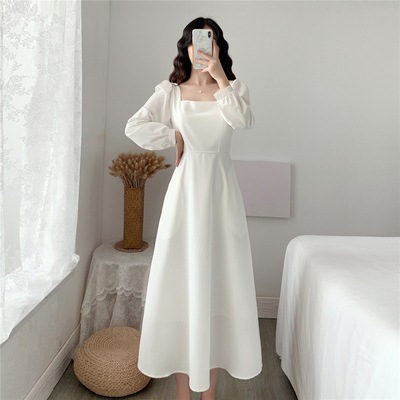 ワンピース ドレス フレア ロング丈 マキシ丈 ミモレ丈 長袖 スクエアネック ホワイト レッド ブラック 2XL カジュアル 上品 おしゃれ 主役級 存在感 春 秋 10代 20代 30代 個性的