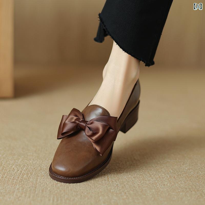 ローファー レディース 通学 通勤 学生 カレッジ 仕事 オフィス 春秋 革 リボン ラウンドトゥ 女性 ミディアム ヒール 太い ヒール 深口 シングル シューズ 女性 ソフト ソール 快適
