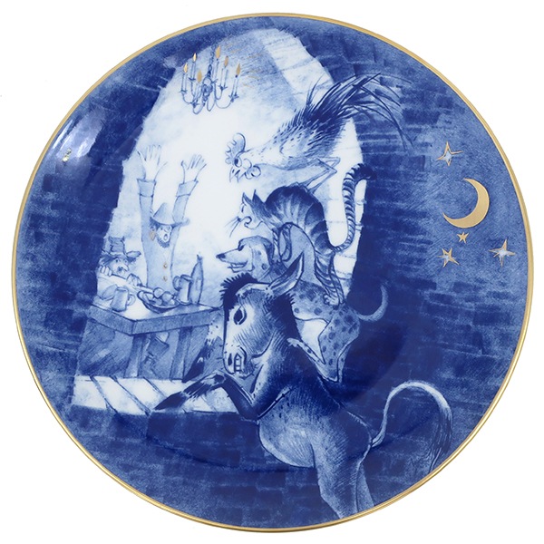 マイセン MEISSEN 食器 イヤープレート 1991年 ブレーメンの音楽隊 陶磁器 ブルーXホワイト 皿 イヤーコレクション 青 白 童話 【ケース】【中古】