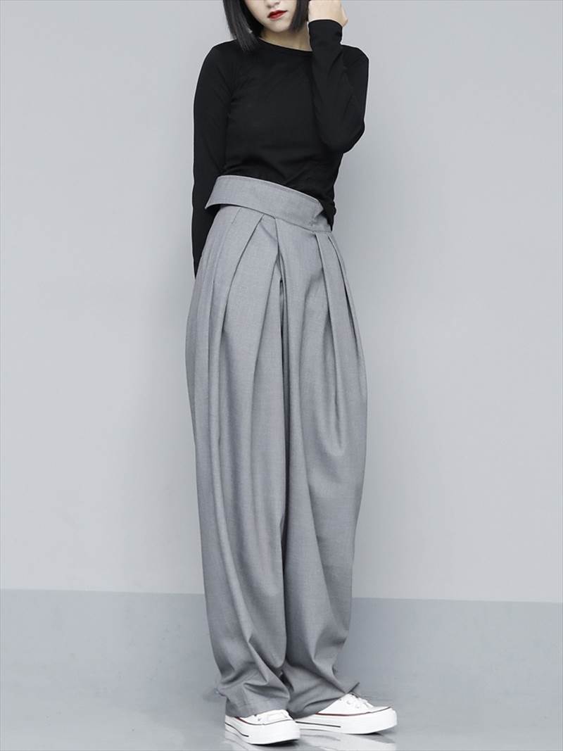 2タイプ タック入り ベルクロ ハイウエスト ワイドパンツ ボトムス パンツ ズボン スーツ ロング ロング丈 ストレート ワイド ベルト ポケット ポリエステル シンプル カジュアル 大人 おしゃれ