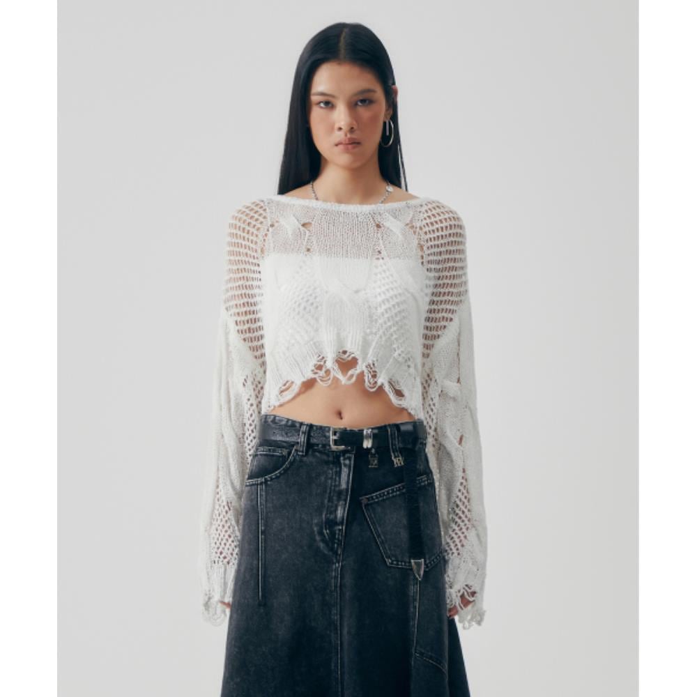 TREEMINGBIRD Cord Cable Crop Knit White TM2513PO004MWH