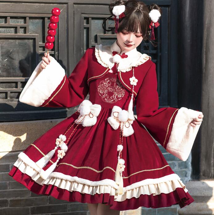 ロリータワンピース 漢風 ロリータ服 女性 チャイナ服 元日 新年祝い 衣装 プレゼント キャミソール 中華服 秋冬 コスプレ衣装 かわいい 漢風ドレス 改良版漢服 文化祭 イベント コスチューム