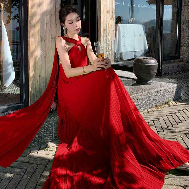 レディース ファッション エレガント ドレス ホルターネック リボン プリーツワンピース シンプル おしゃれ ゴムウエスト ノースリーブ