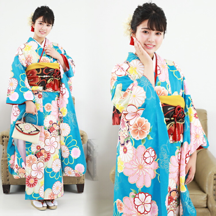 レンタル最大20日間 成人式 振袖 レンタル 20点フルセット 派手 青緑地に雪輪と菊梅 成人式 結婚式 フォーマル 日本製生地 14,726円