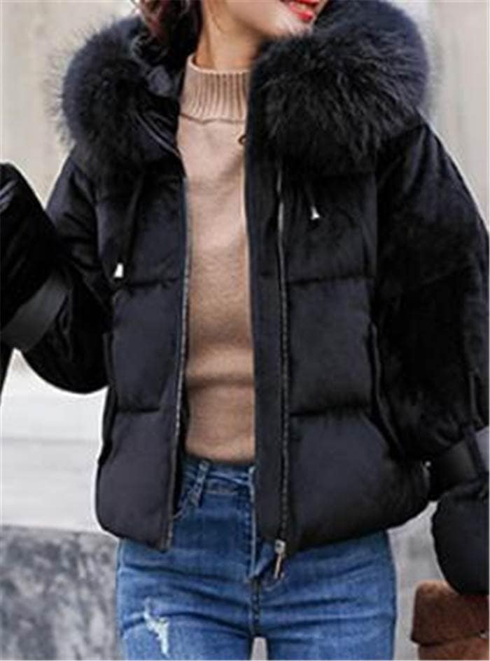 ファー ダウン コート レディース 黒 グレー 冬 防寒 アウター シャンパー 羽織り 上着 長袖 ハイネック モコモコ フード付き 前開き きれいめ シンプル カジュアル 大人 大人可愛い 韓国 オ