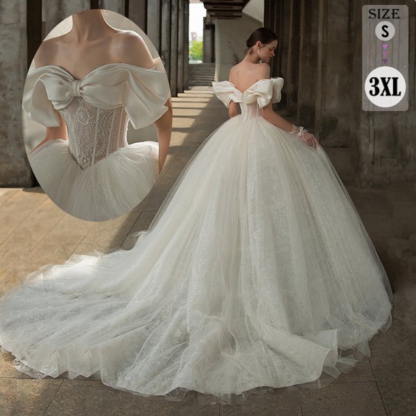 オフショルダー 袖あり トレーンドレス Aライン 白ドレス ワンピース プリンセス 結婚式 二次会 披露宴 前撮り 後撮り 撮影用 フォトウェディング 小さいサイズ ロング エレガント 優雅 花嫁 ウ