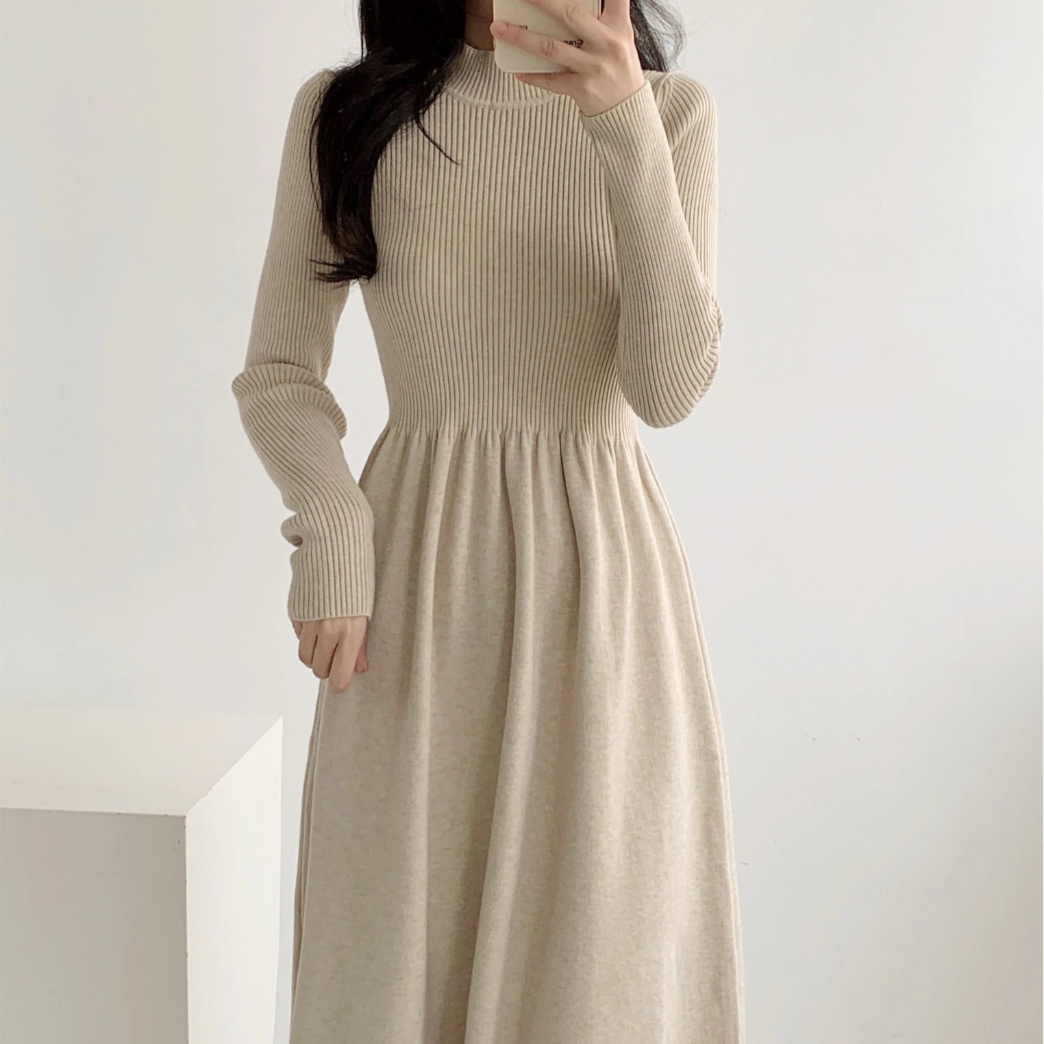 秋冬女性用コート付きフレンチスタイルロングセータードレス新スタイルハイエンドハーフハイカラーインナーボトムニットドレス