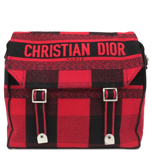 クリスチャン・ディオール Christian Dior ショルダーバッグ チェック メッセンジャーバッグ キャンバス レッド×ブラック シルバー金具 黒 赤 斜め掛け 【保存袋】【中古】