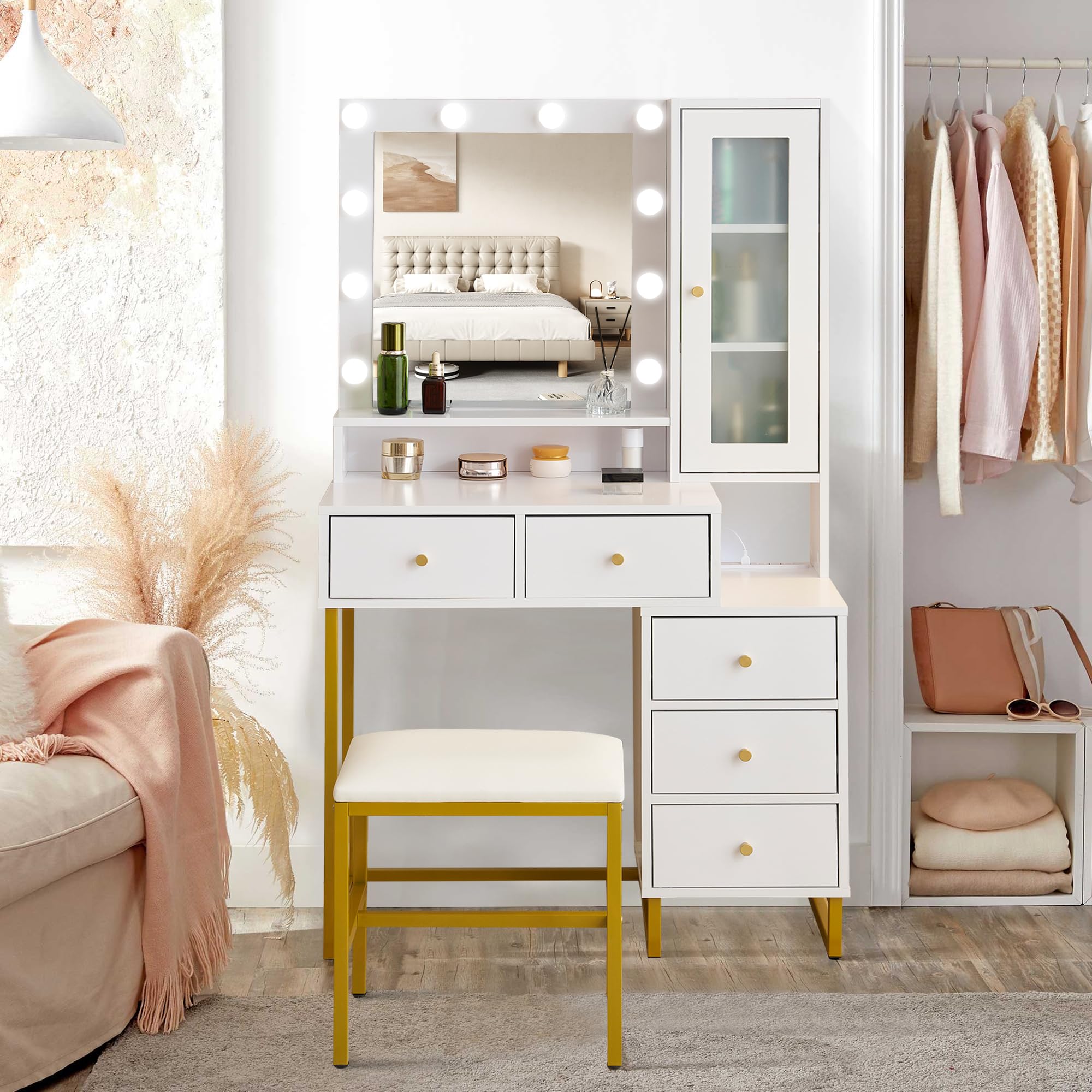ドレッサー 化粧台 テーブル お姫系 鏡台 スツール付き 女優ミラー LEDライト付き 引き出し 収納付 サイド収納 メイク台 シンプル 大容量 可愛い