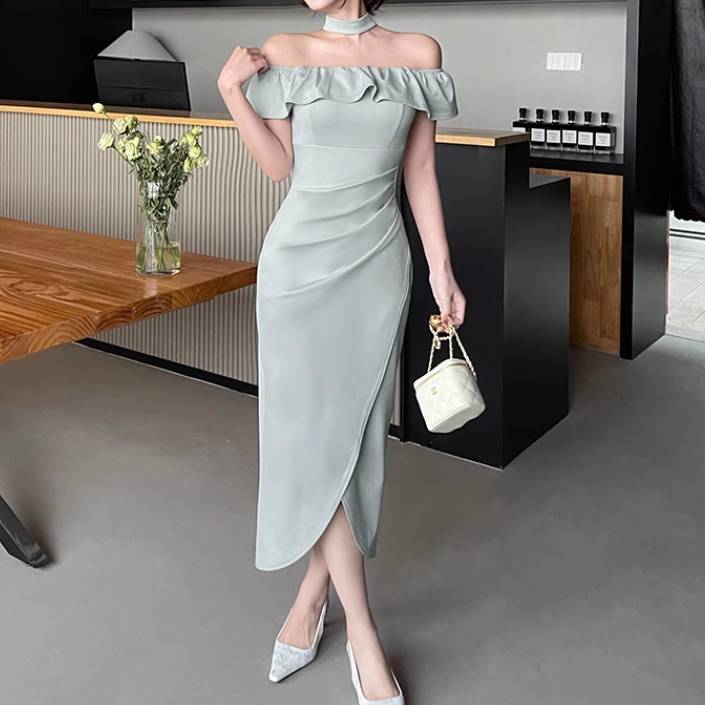 ドレス ワンピース パーティー 披露宴 演奏会 発表会 ステージ 舞台 キャバ ダンス 衣装 ミモレ オフショル スレンダー スリム アシンメトリー 細身 フリル ハイウエスト シャーリング 可愛い