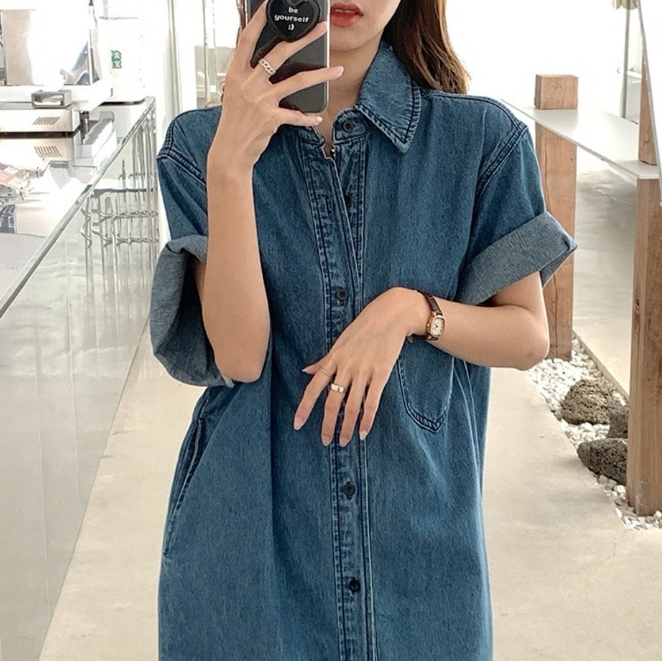 ロング丈デニムシャツ デニムシャツワンピース 半袖デニムシャツ カジュアルシャツワンピース スカート アウター Tシャツ シャツ オールインワン ロングスカート デニムスカート シャツワンピース 膝下