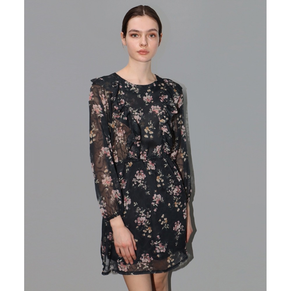 DAMAGE MNEMONIC ラッフルブラックフラワーワンピース_ Ruffle Black Flower OP