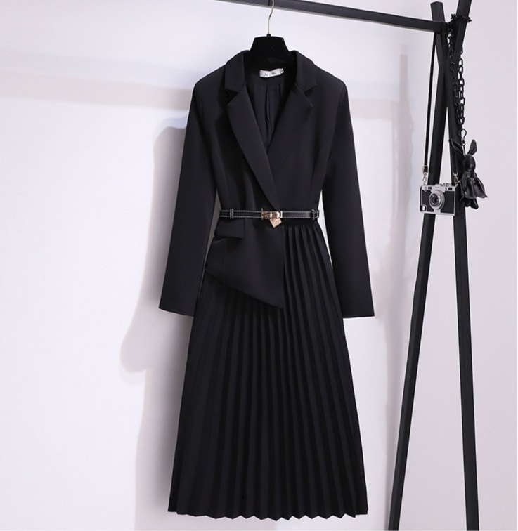 ワンピース フェイクツーピース プルオーバー ロングスカート ハイウエスト プリーツスカート 春 秋 無地 Vネック ブラック 黒 アプリコット S M L XL 2XL 通勤 レギュラー袖 長袖