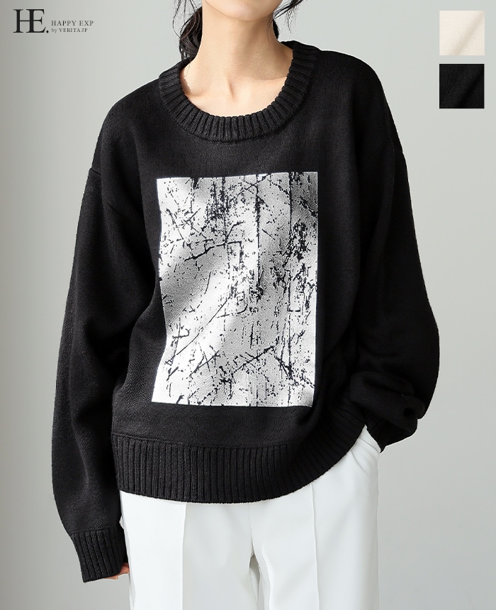 [NEW] 映える個性派プリントバルキー箔プリントニットプルオーバー 32118 2024冬新作