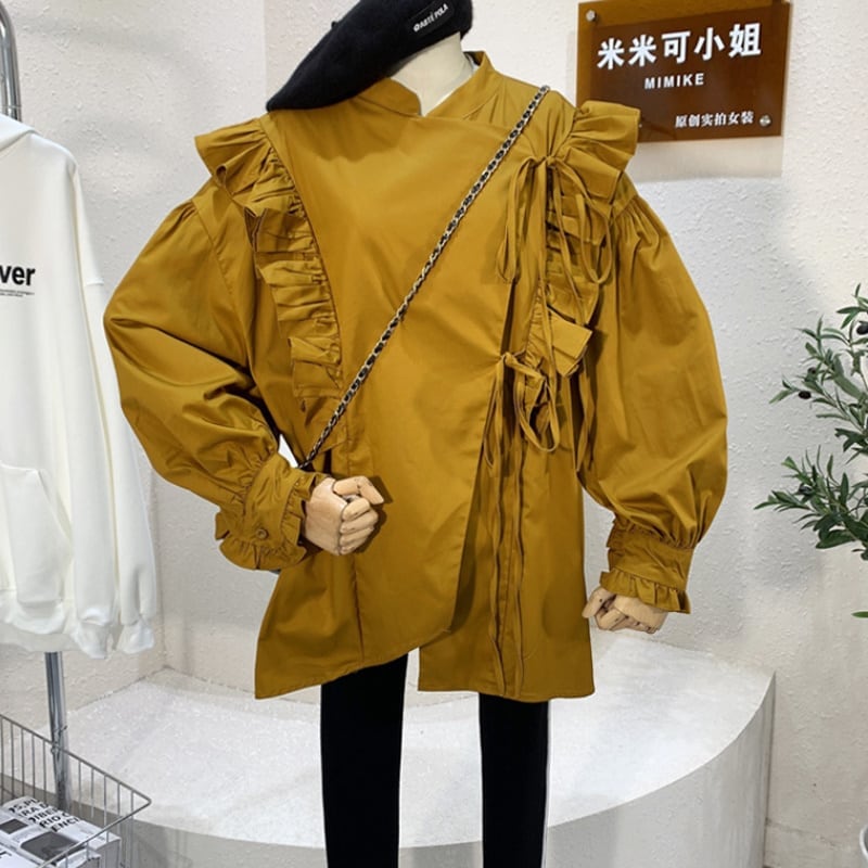 3color レディース トップス 長袖 ブラウス シャツ 襟 オーバーサイズ グリーン ベージュ