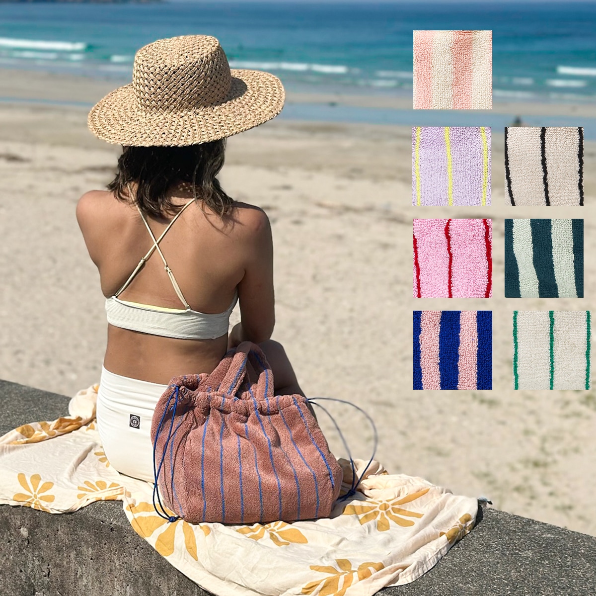 BONGUSTA ハンドバッグ NARAM HANDBAG ストライプ ナラム 巾着　レディース オーガニックコットン ロゴ パイル地 タオル地 鞄 ロゴ ブランド