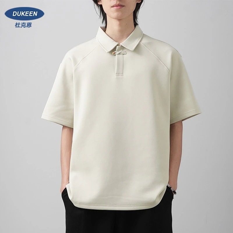 新中国風ボタン付きポロシャツ半袖メンズ夏用高級ラグラン袖260gヘビーラペルtシャツ男性用