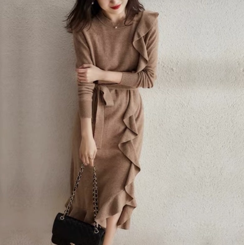 ワンピース デート ニットソー フレアワンピース 膝丈 ひざ丈 ミモレ ミモレ丈 袖あり 長袖 フリル かわいい 大人可愛い きれいめ シンプル カジュアル 大人 上品 おしゃれ お洒落 かっこいい