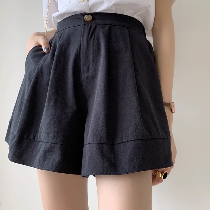 レディース パンツ ボトムス フレア タックパンツ ミニ ショート 膝上 ワイドショート ワイド フレア Aライン ルーズフィット タック ファスナー ポケット ハイウエスト ウエストゴム リネン 綿
