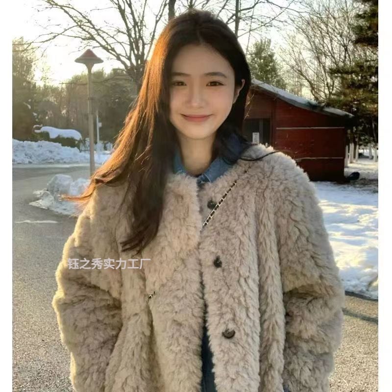 xiaoxiangfeng ソリッドカラー ラムウール ジャケット レディース 秋冬 ファー オールインワン 秋服 レディース 2025 新作 ファー 冬