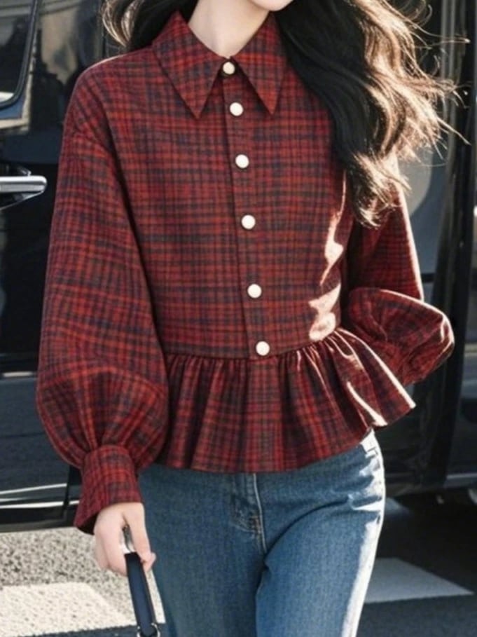 レディース シャツ 長袖 春 ベルギー コットン ヴィンテージ風 襟付き ボルドー おしゃれ 上品 シンプル カジュアル 体型カバー